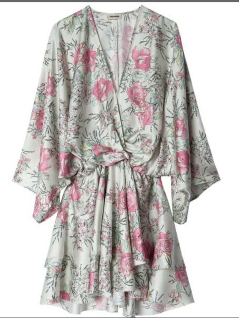 Zadig & Voltaire JUDO Cream Ruffle Twill Roses Pink Floral Mini Dress  Sz M